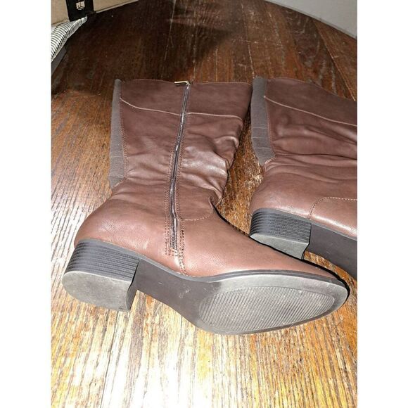 Size 9W DD Wide Calf Lane Bryant Brown Side Zip Stacked Low Block Heel Boots - Picture 2 of 9